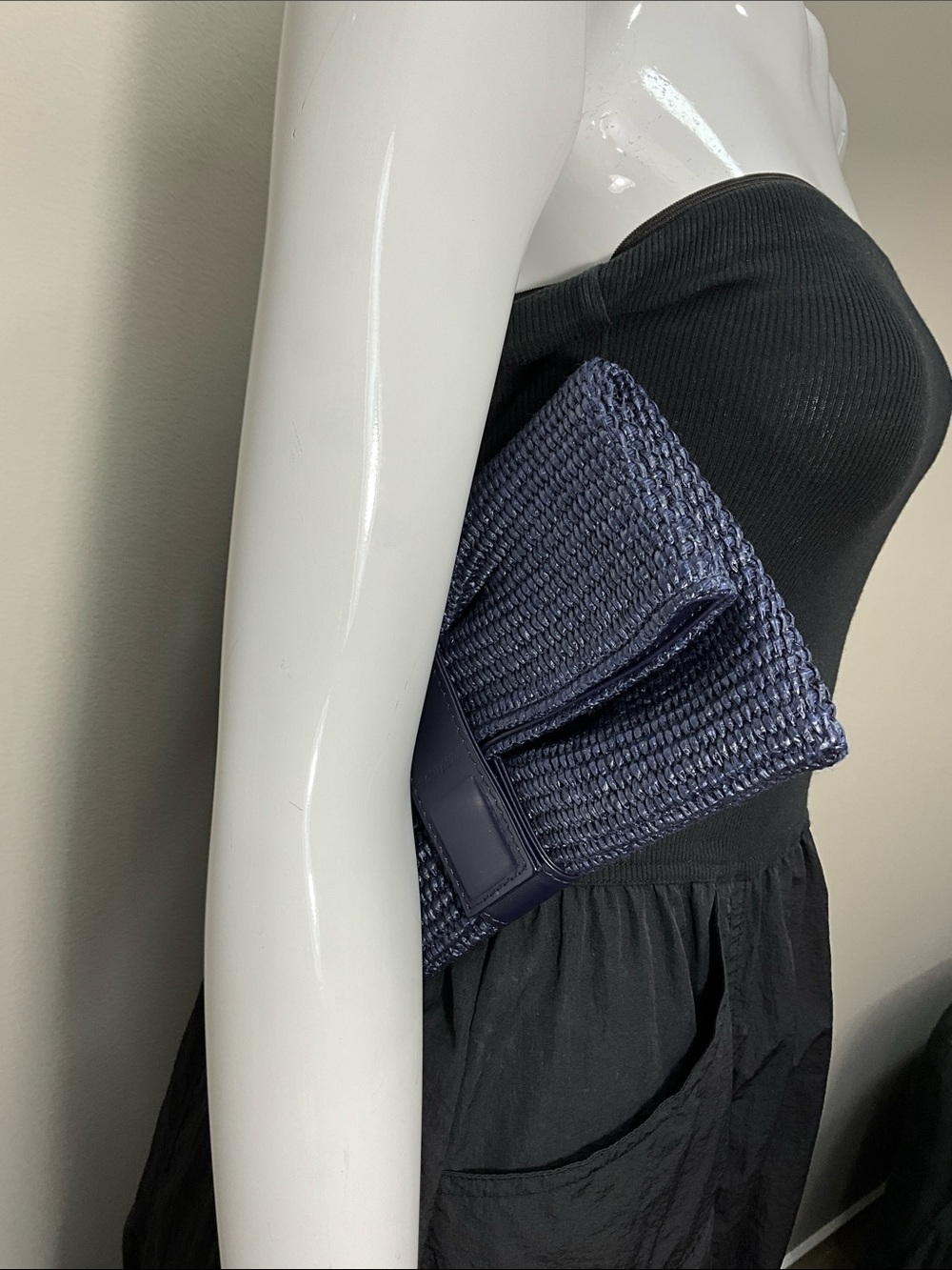 NOVINSKA Navy Blue Woven Foldover Raffia Clutch Bag Lamb Leather - Picture 8 of 8